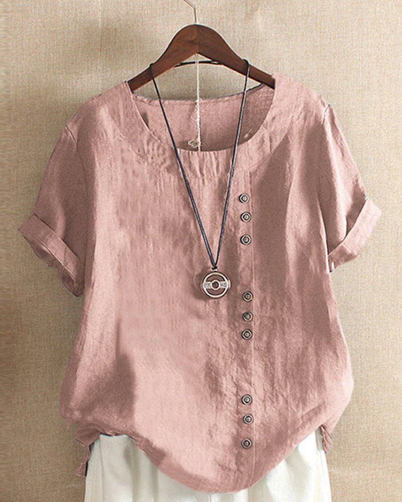 Linen Button Front Top Short Sleeve Crew Neck Casual - Pink