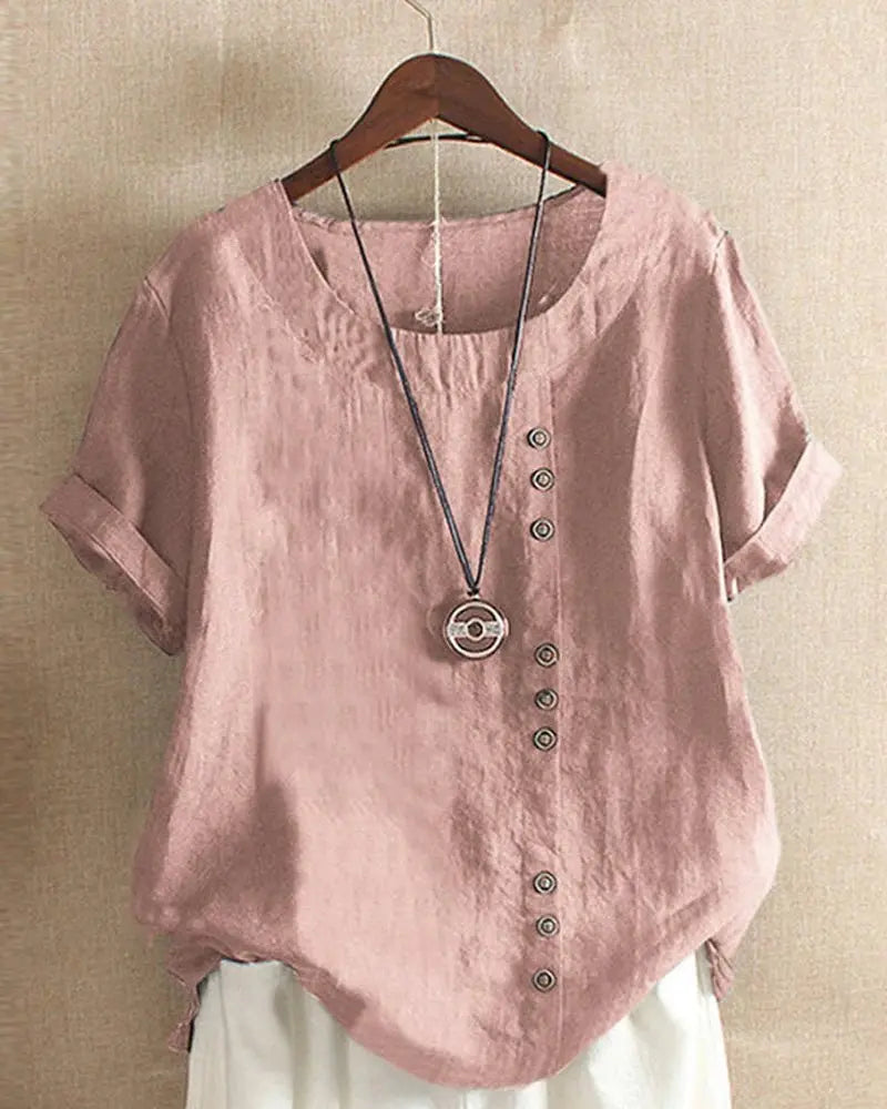 Linen Button Front Top Short Sleeve Crew Neck Casual - Pink