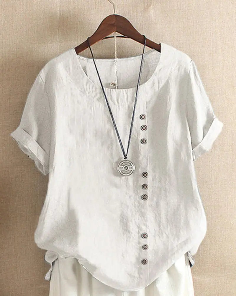 Linen Button Front Top Short Sleeve Crew Neck Casual - White