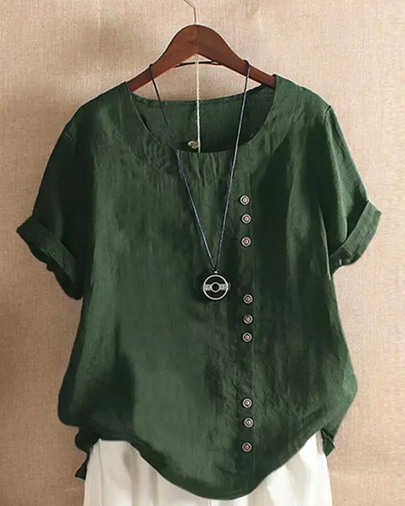 Linen Button Front Top Short Sleeve Crew Neck Casual - Green