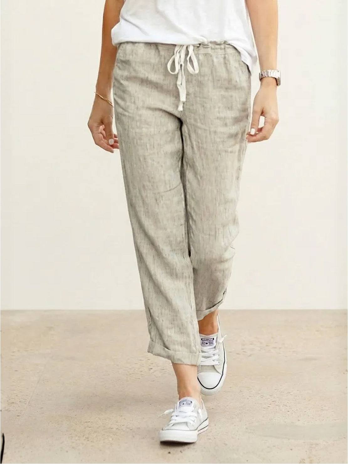 Linen Drawstring Trousers Relaxed Straight Leg - Apricot