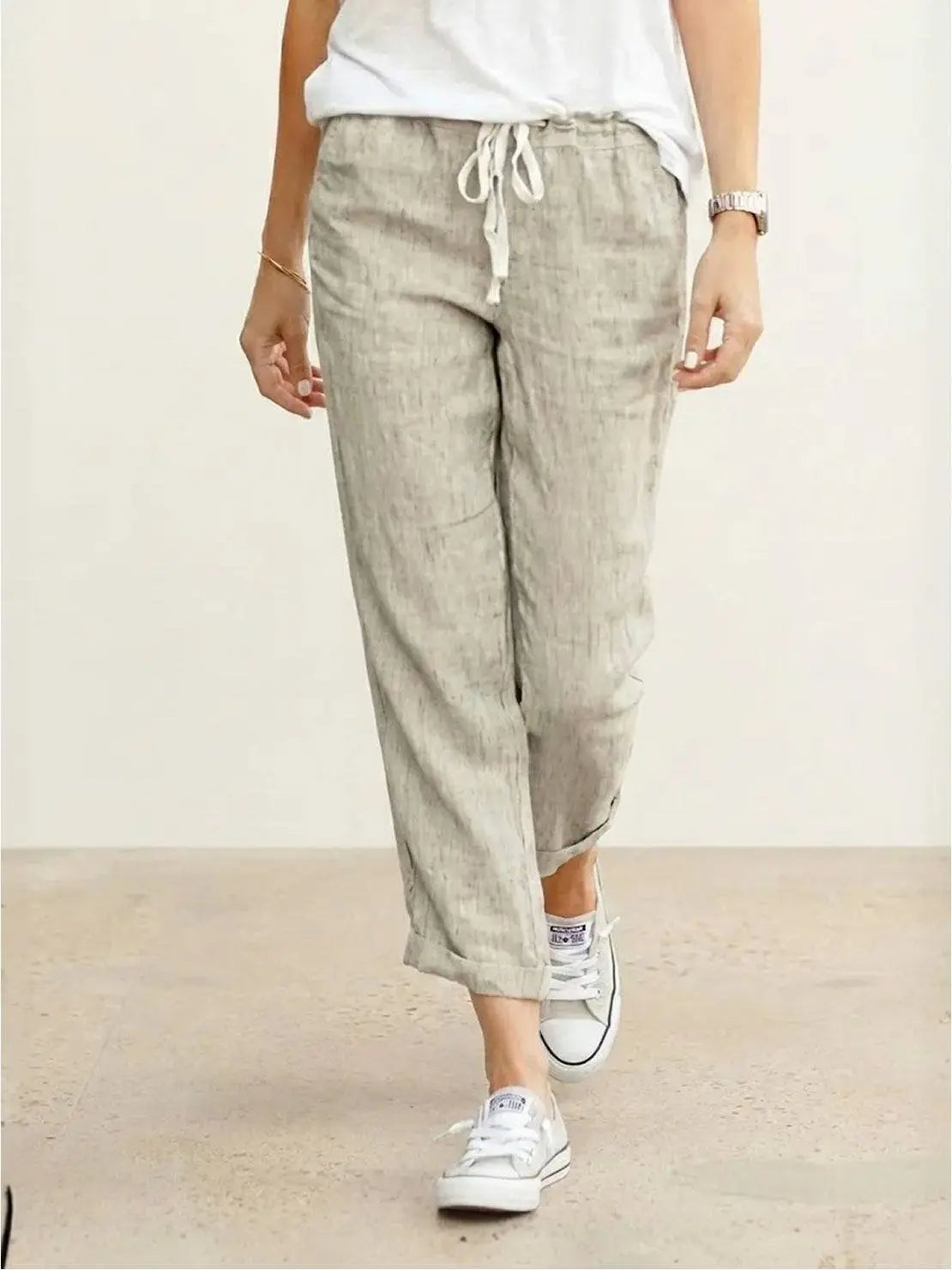 Linen Drawstring Trousers Relaxed Straight Leg - Apricot