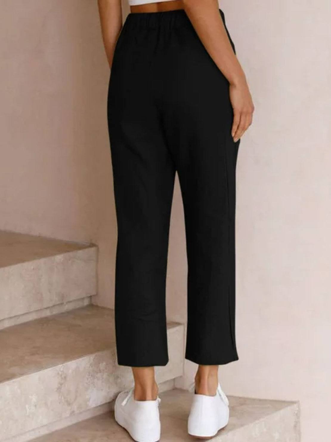 Linen Drawstring Trousers Relaxed Straight Leg