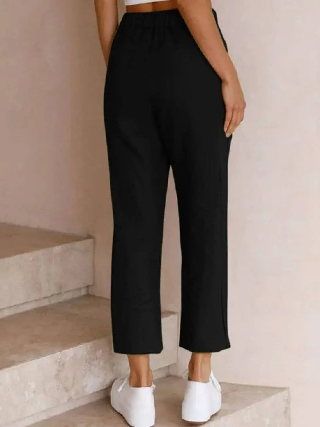 Linen Drawstring Trousers Relaxed Straight Leg