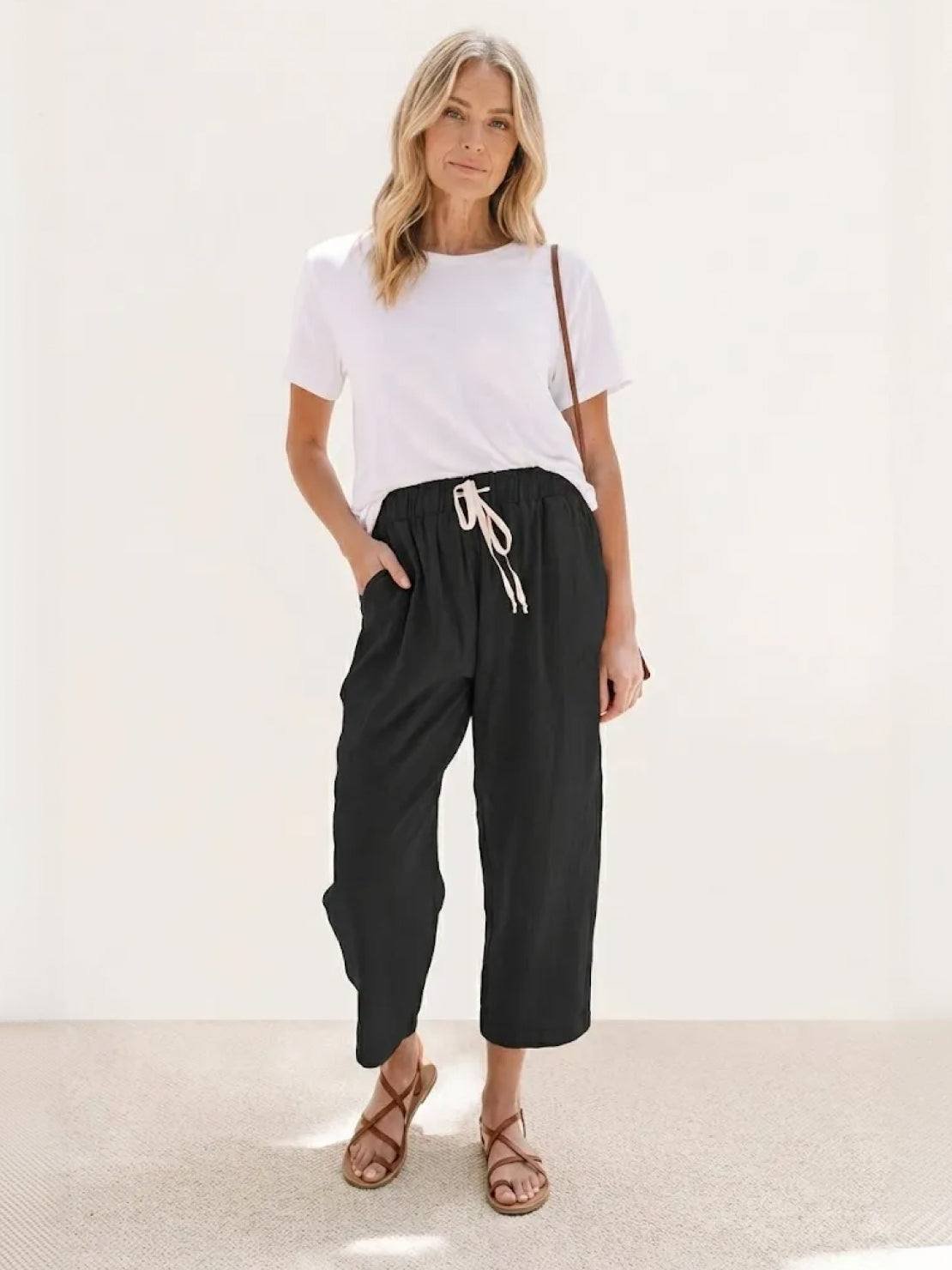 Linen Drawstring Trousers Relaxed Straight Leg
