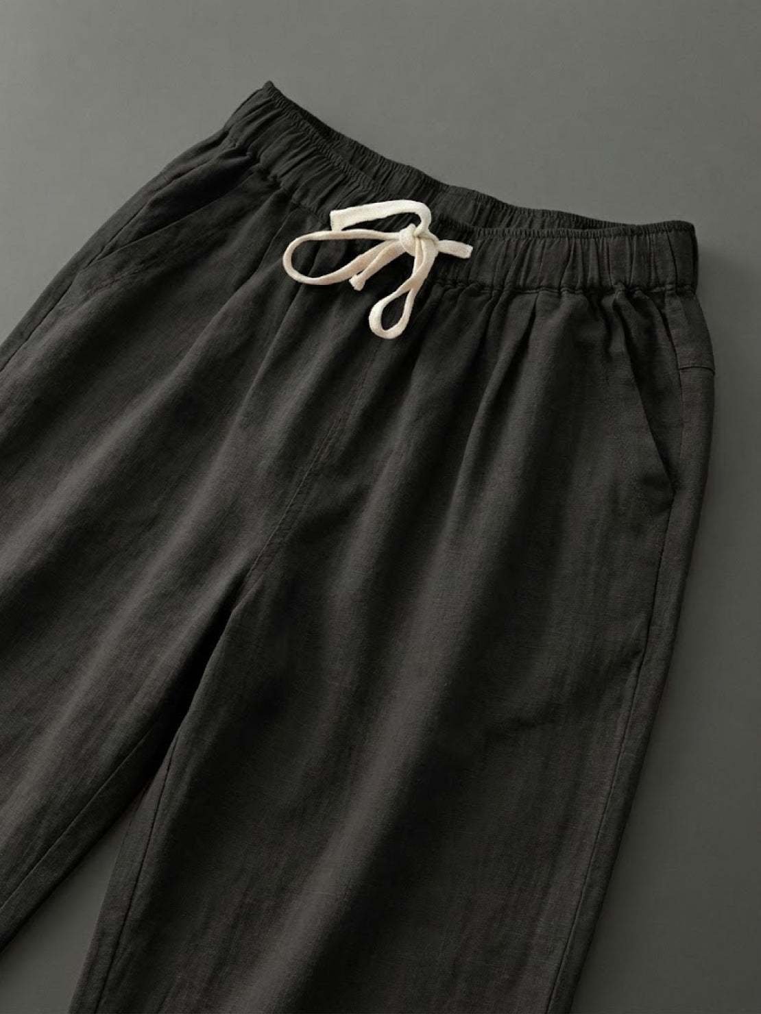 Linen Drawstring Trousers Relaxed Straight Leg
