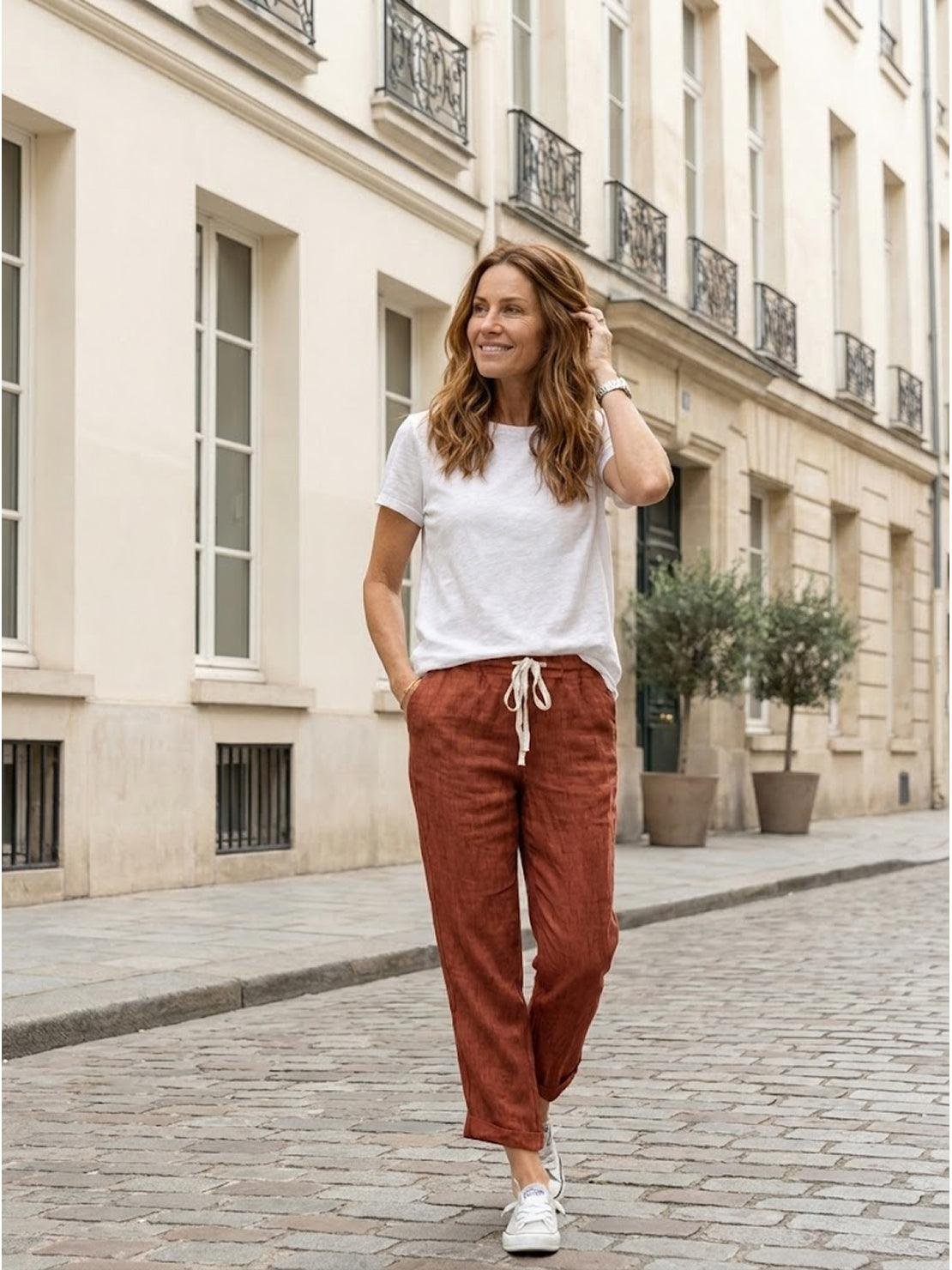 Linen Drawstring Trousers Relaxed Straight Leg