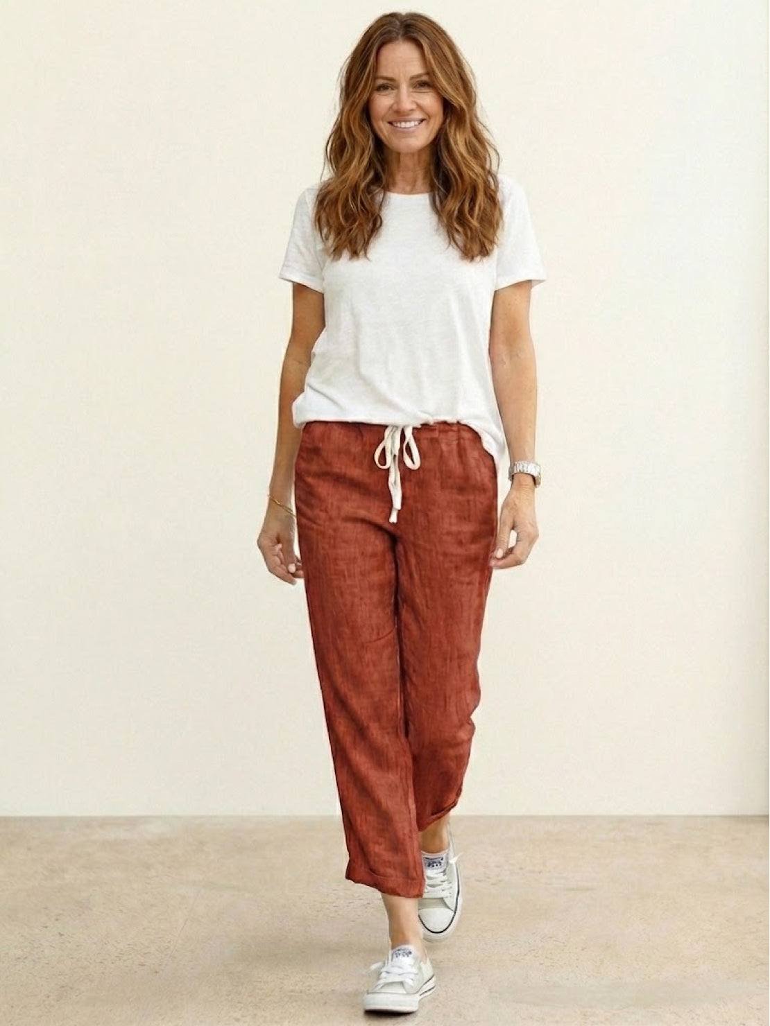 Linen Drawstring Trousers Relaxed Straight Leg