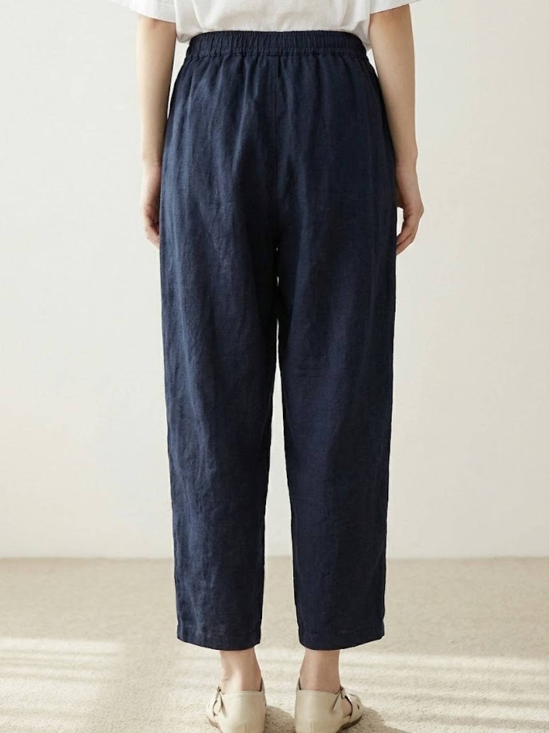 Linen Drawstring Trousers Relaxed Straight Leg