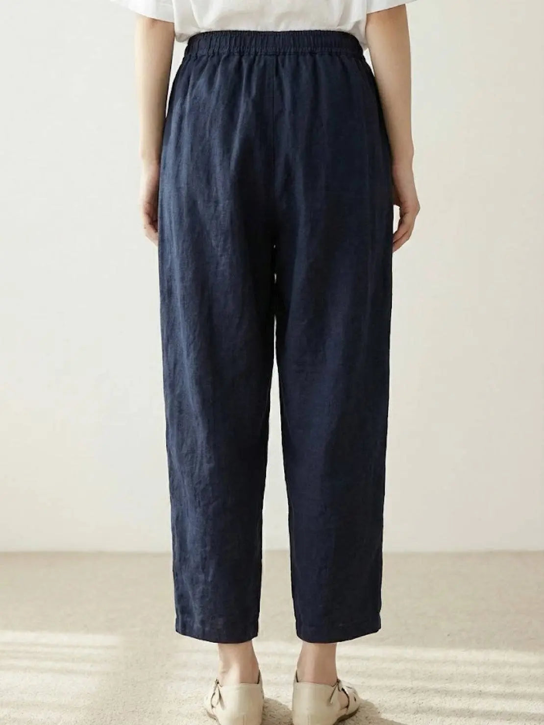 Linen Drawstring Trousers Relaxed Straight Leg
