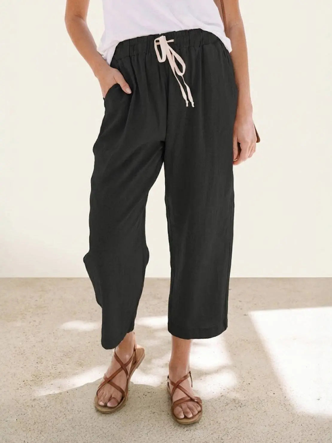 Linen Drawstring Trousers Relaxed Straight Leg - Black