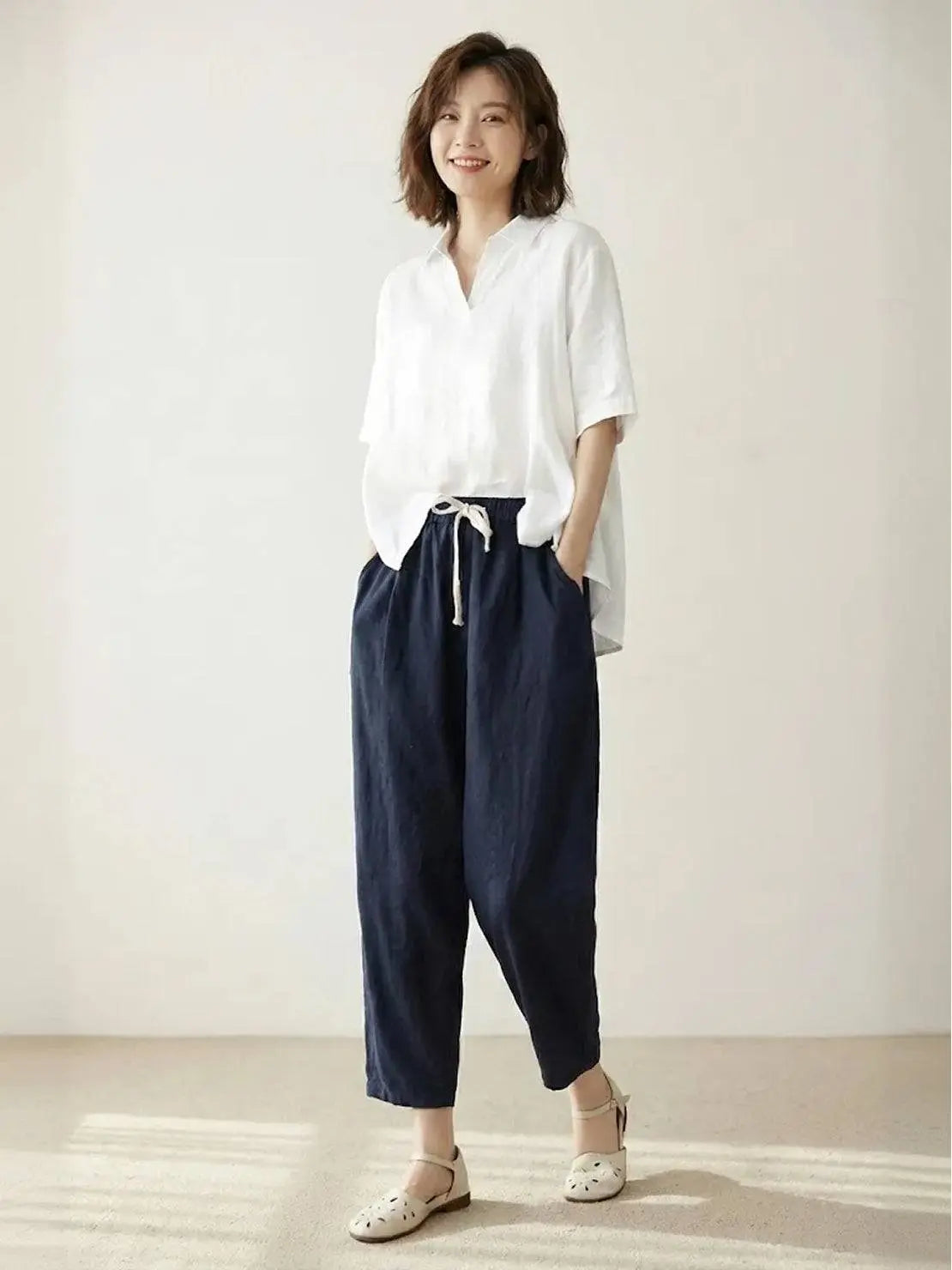 Linen Drawstring Trousers Relaxed Straight Leg