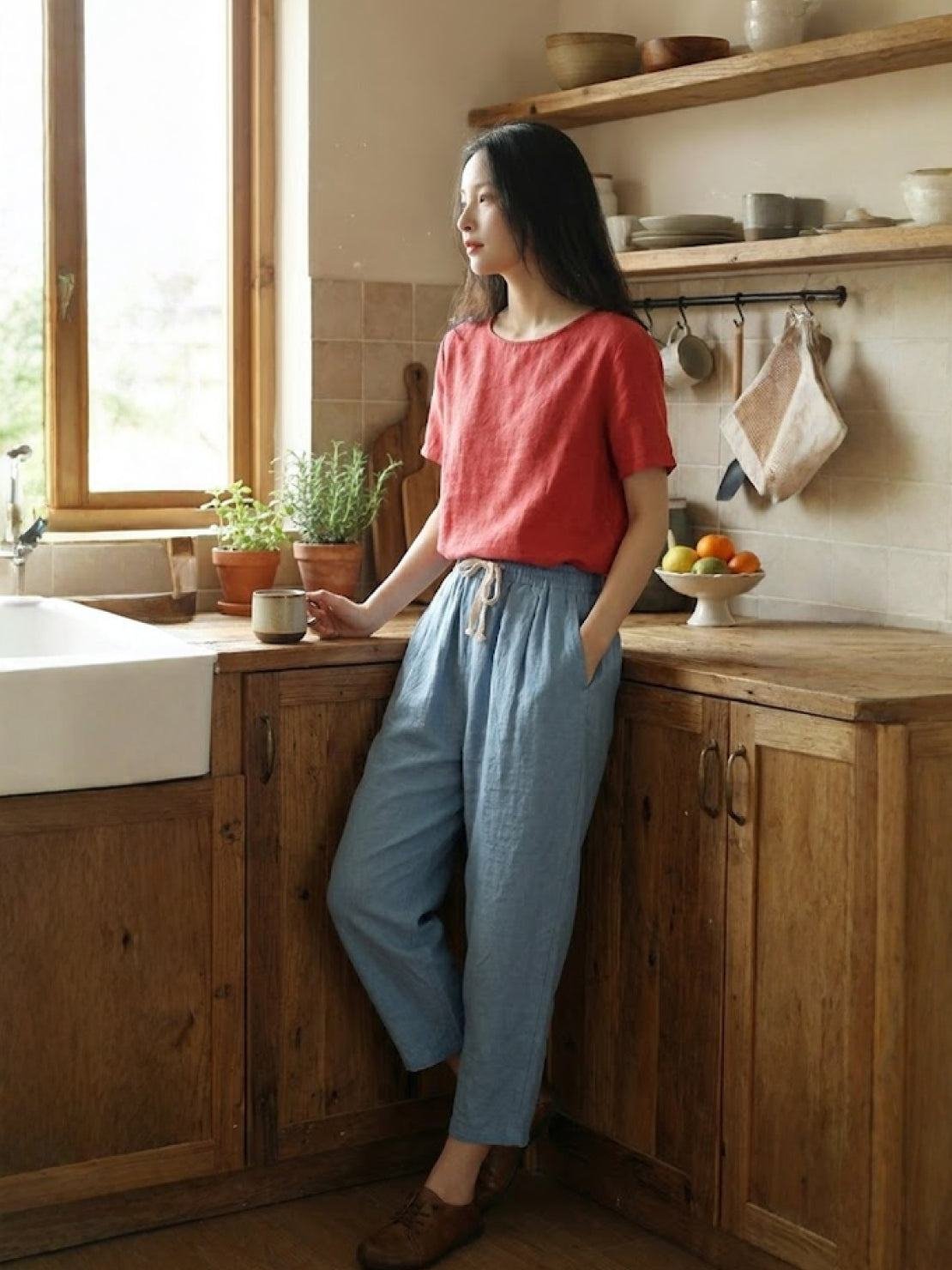 Linen Drawstring Trousers Relaxed Straight Leg