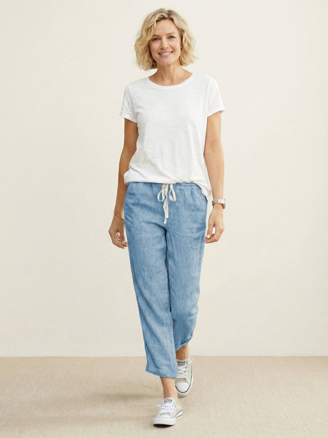 Linen Drawstring Trousers Relaxed Straight Leg