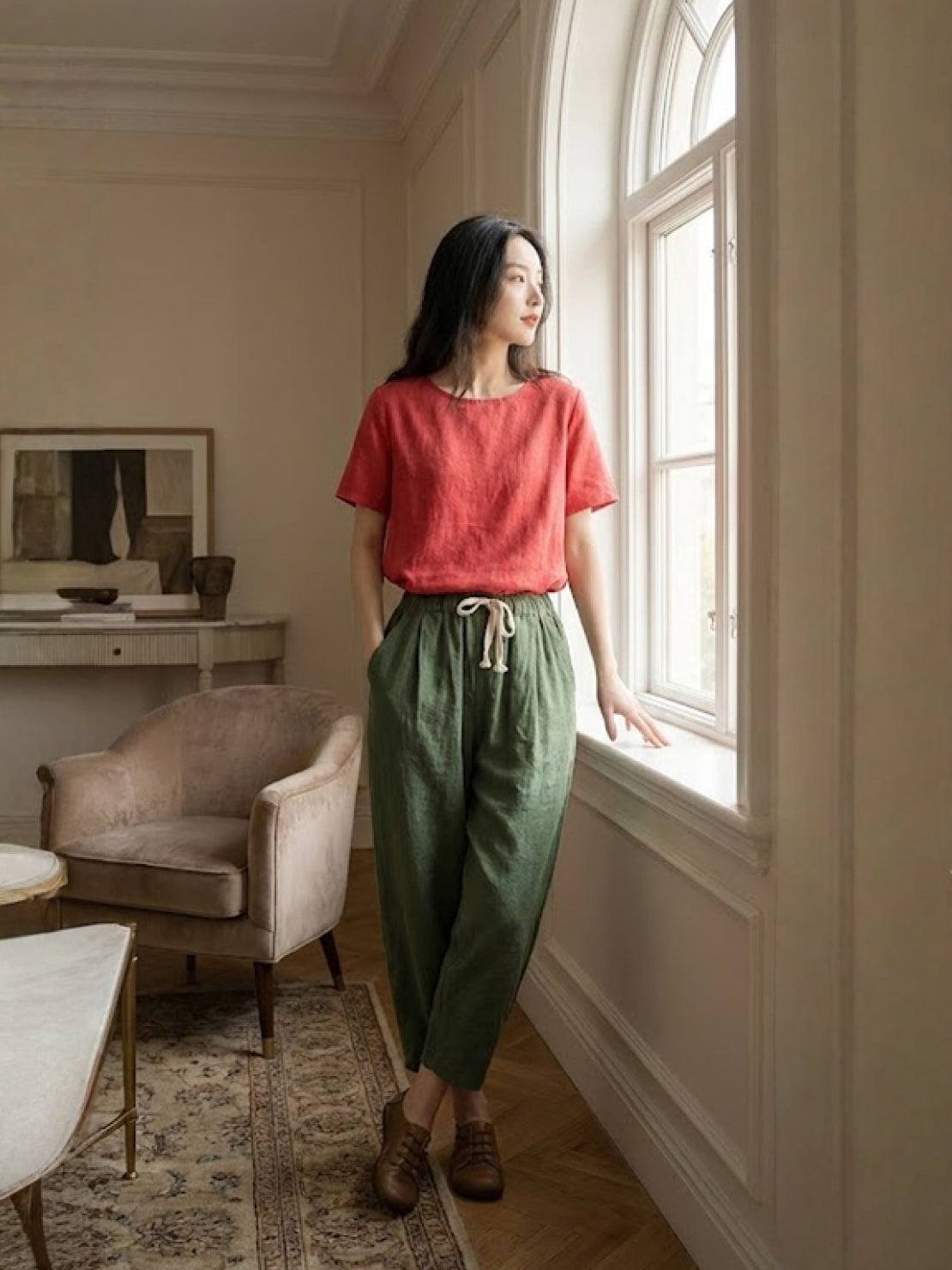 Linen Drawstring Trousers Relaxed Straight Leg