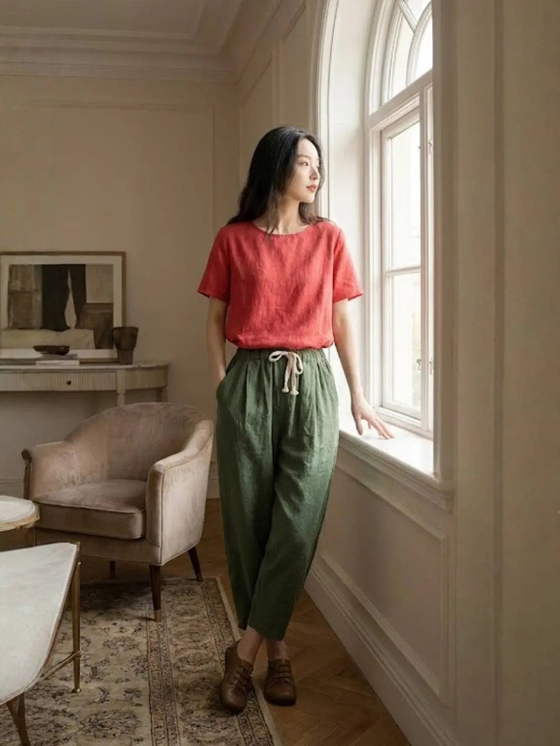 Linen Drawstring Trousers Relaxed Straight Leg