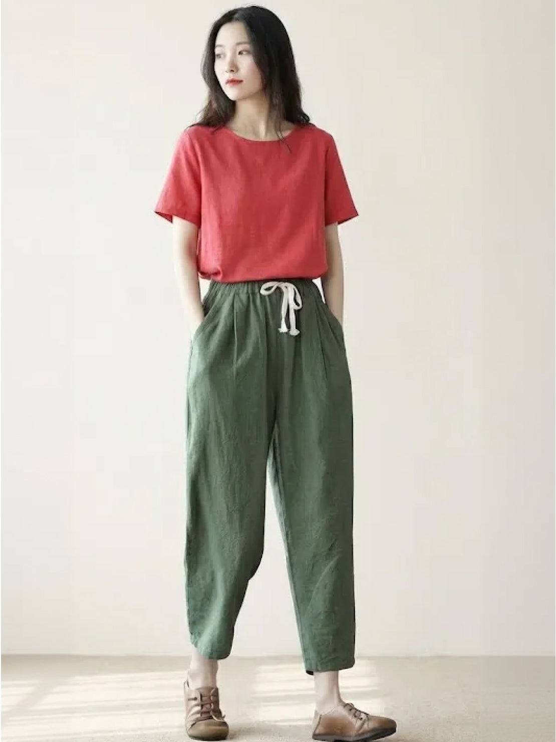Linen Drawstring Trousers Relaxed Straight Leg
