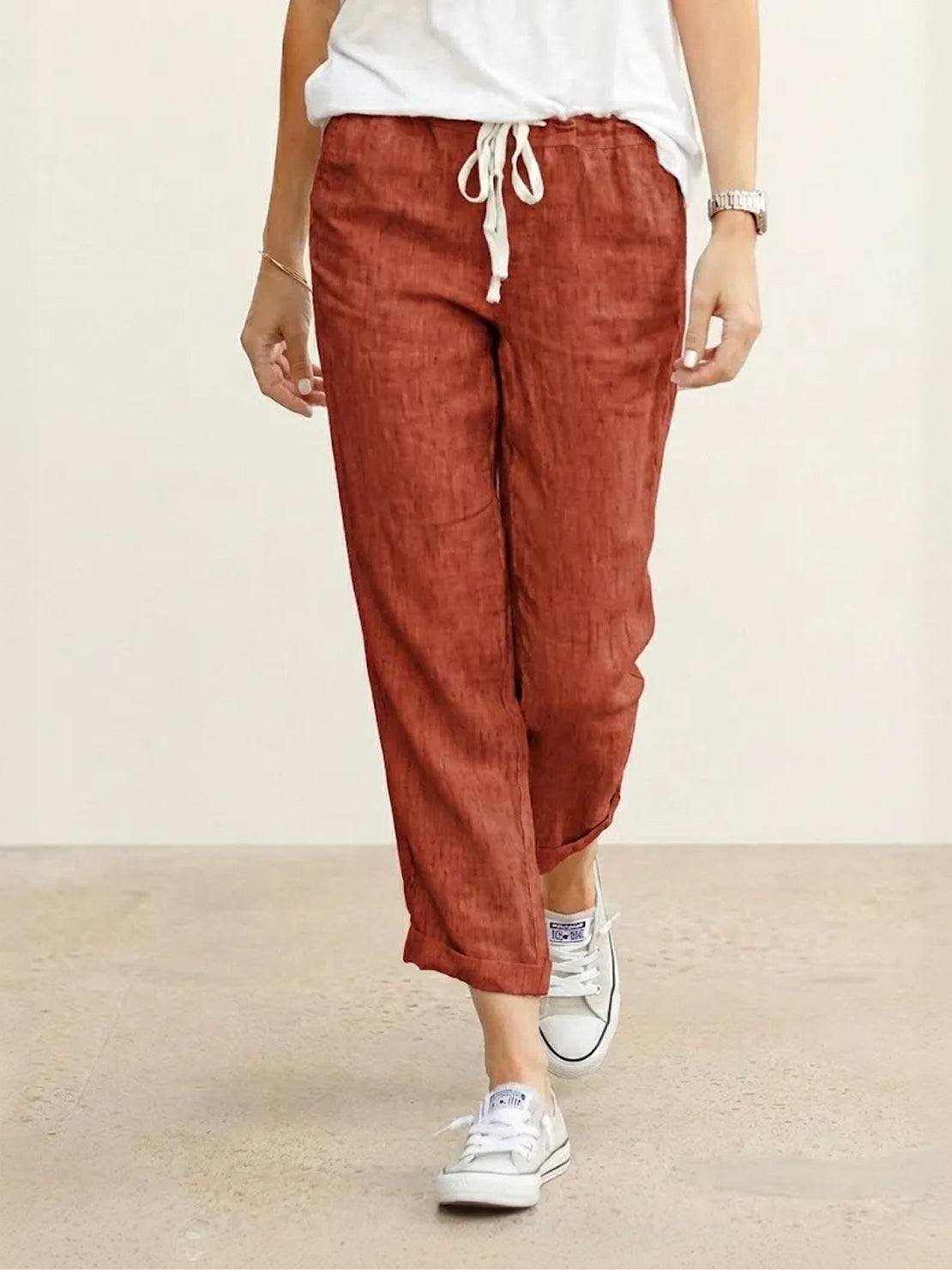Linen Drawstring Trousers Relaxed Straight Leg - Rusty Orange