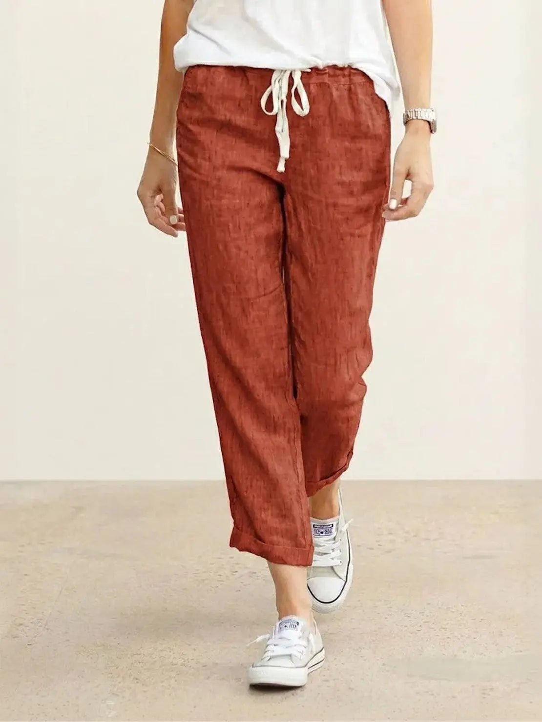 Linen Drawstring Trousers Relaxed Straight Leg - Rusty Orange