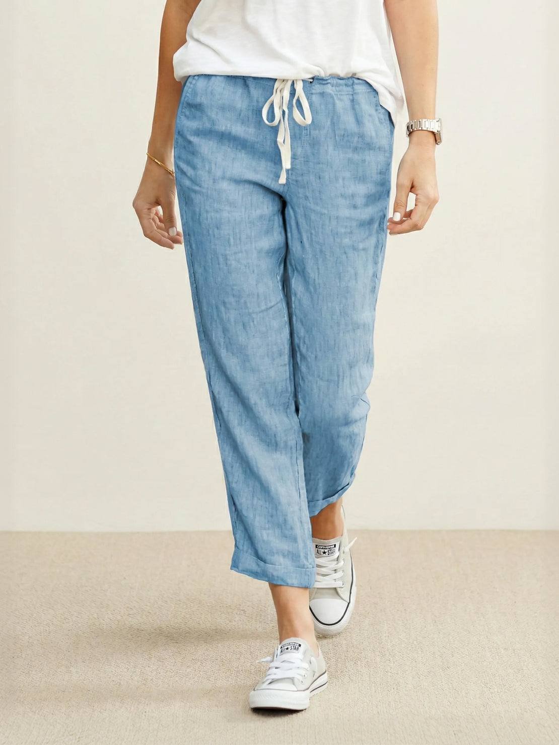 Linen Drawstring Trousers Relaxed Straight Leg - Light Blue
