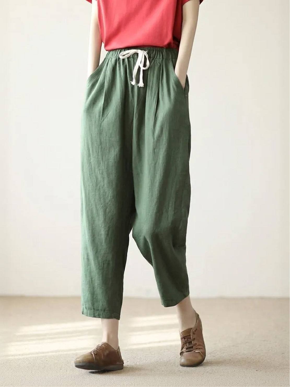Linen Drawstring Trousers Relaxed Straight Leg - Army Green
