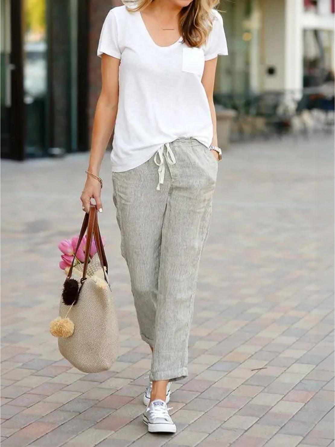 Linen Drawstring Trousers Relaxed Straight Leg