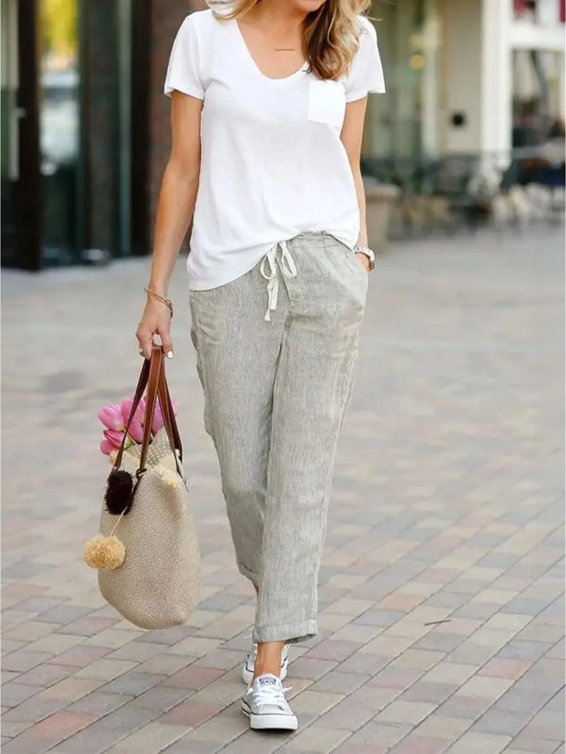 Linen Drawstring Trousers Relaxed Straight Leg