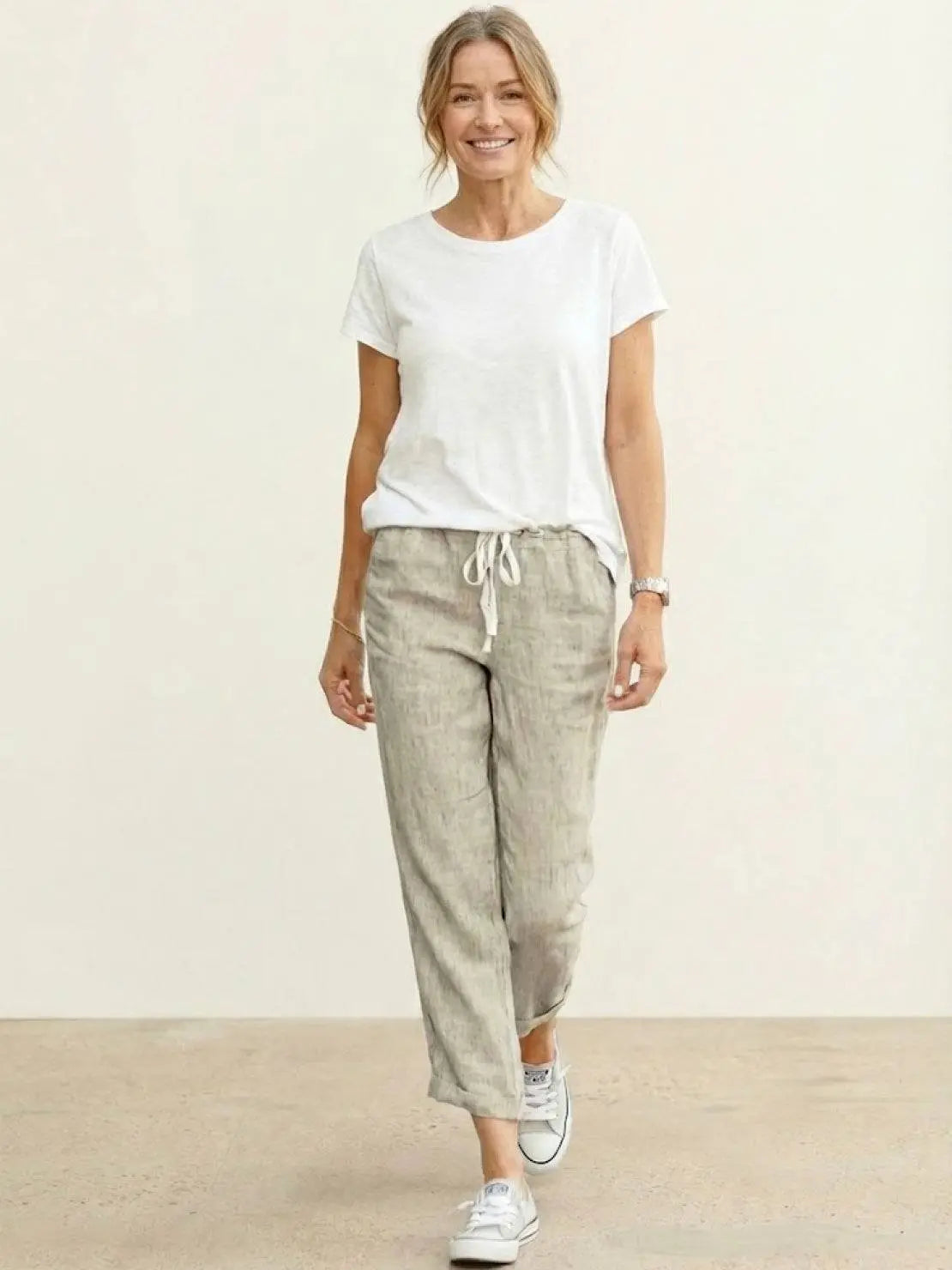 Linen Drawstring Trousers Relaxed Straight Leg