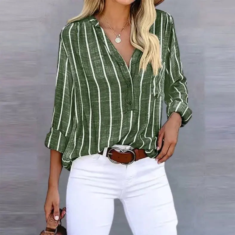 Linen-Look Striped Blouse V-Neck Long Sleeve Summer - Olive Stripe Linen