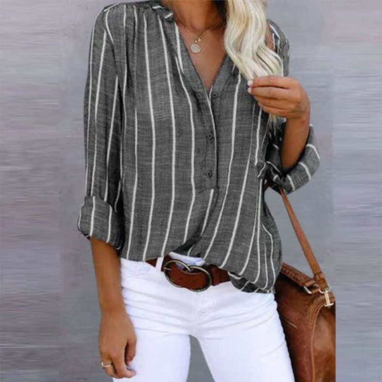 Linen-Look Striped Blouse V-Neck Long Sleeve Summer - Charcoal Stripe Linen