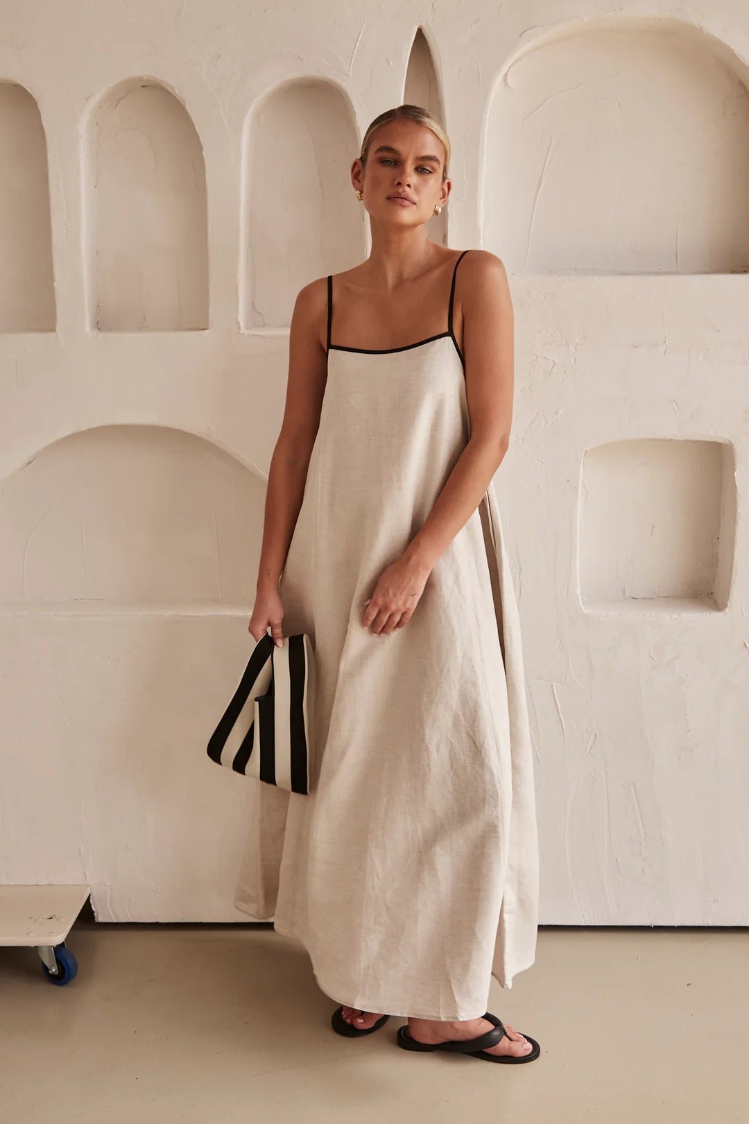 Linen Maxi Dress Contrast Trim Adjustable Straps