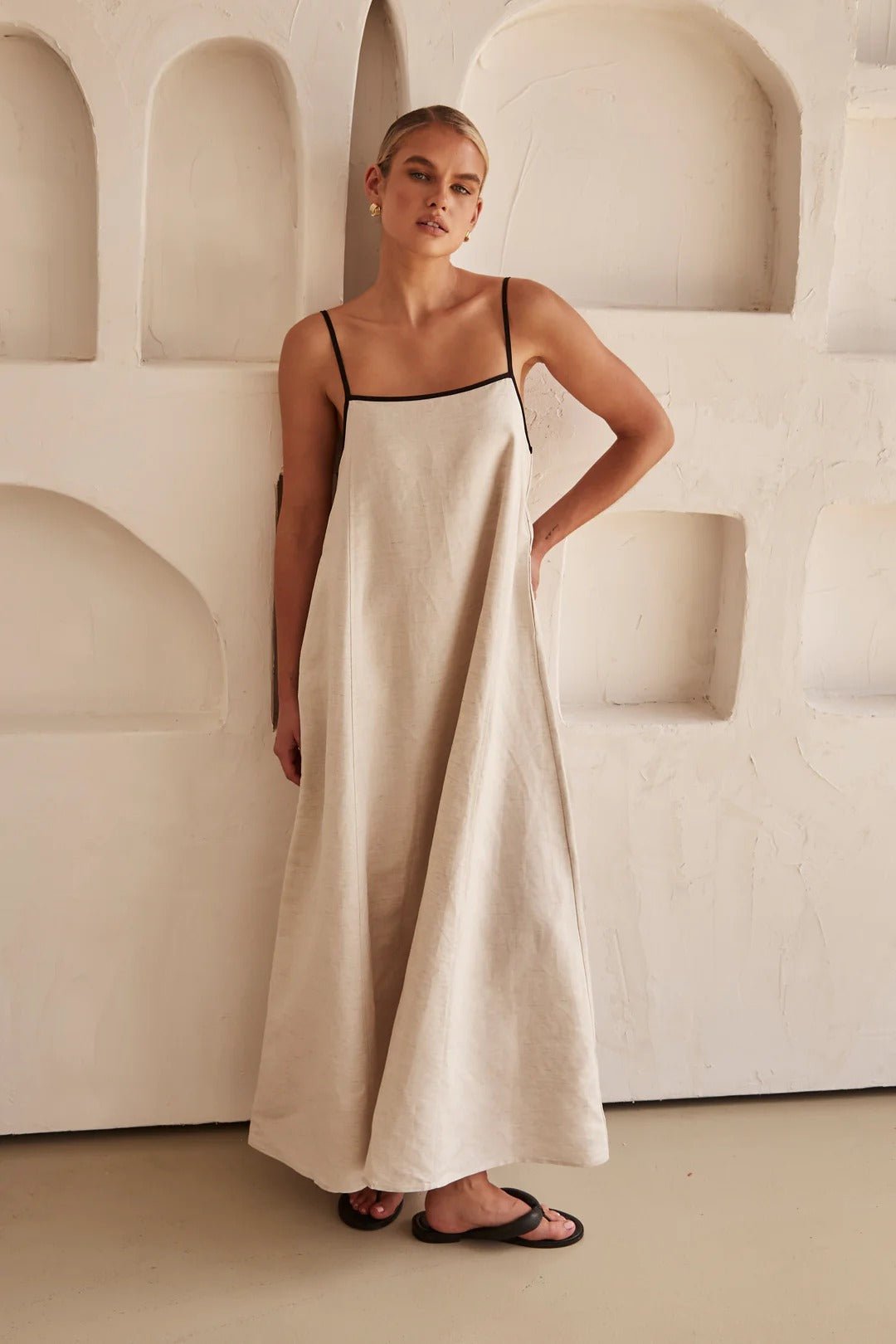 Linen Maxi Dress Contrast Trim Adjustable Straps