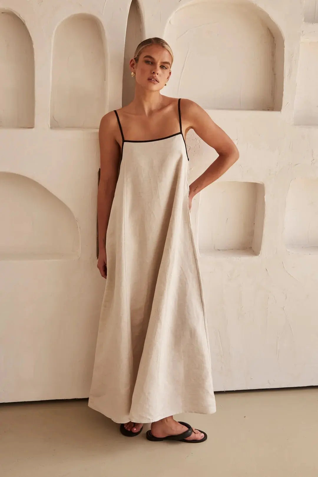Linen Maxi Dress Contrast Trim Adjustable Straps