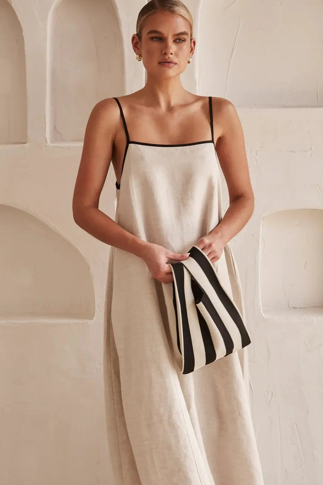 Linen Maxi Dress Contrast Trim Adjustable Straps