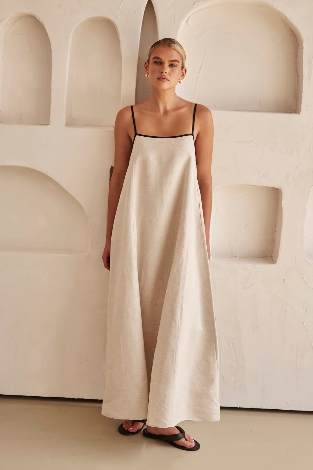 Linen Maxi Dress Contrast Trim Adjustable Straps - Cream