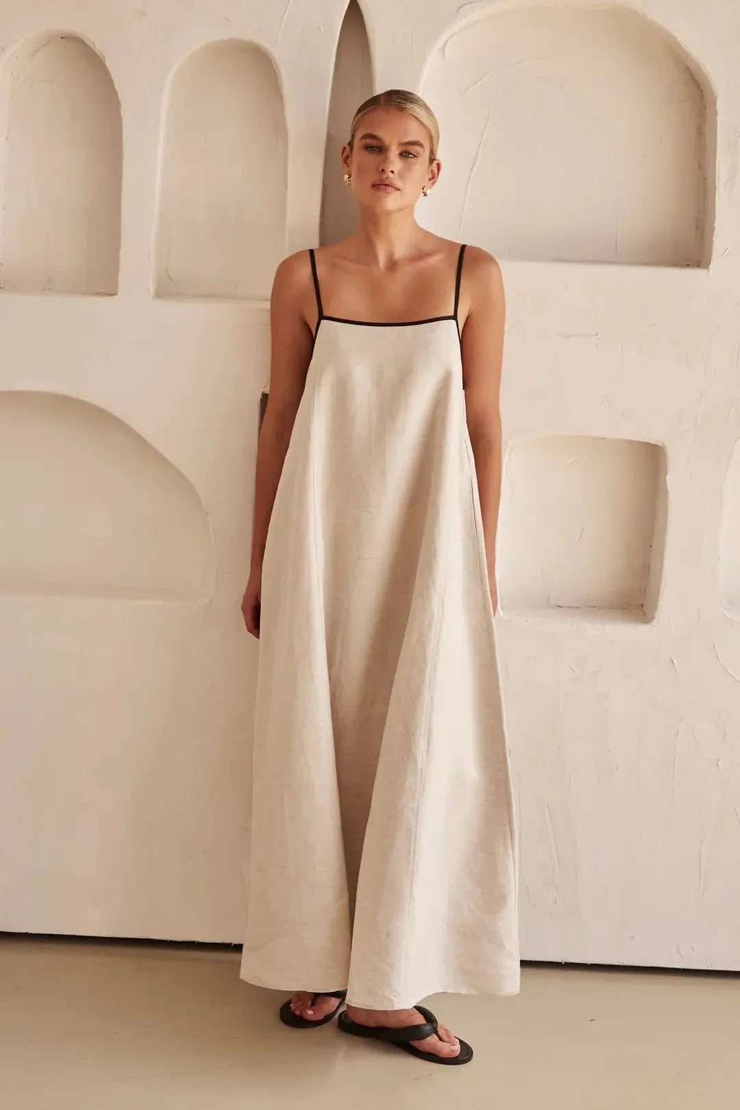 Linen Maxi Dress Contrast Trim Adjustable Straps - Cream