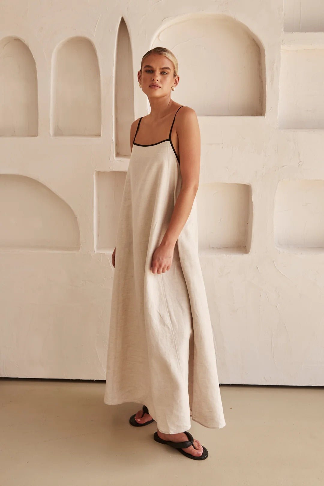Linen Maxi Dress Contrast Trim Adjustable Straps