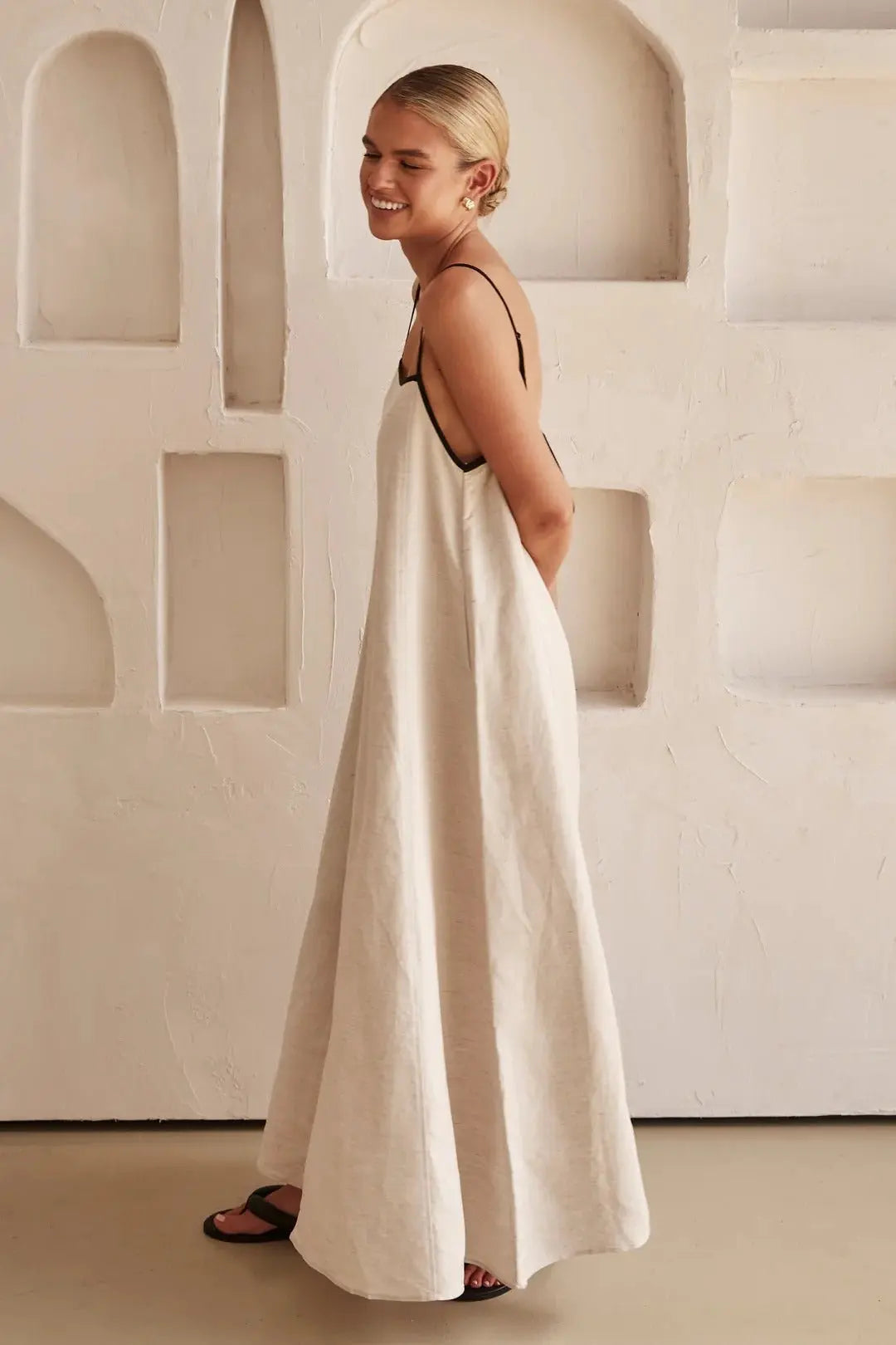 Linen Maxi Dress Contrast Trim Adjustable Straps