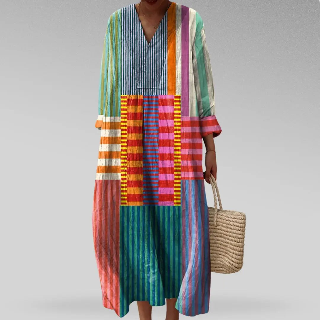 Linen Maxi Dress Oversized V-Neck Colourblock