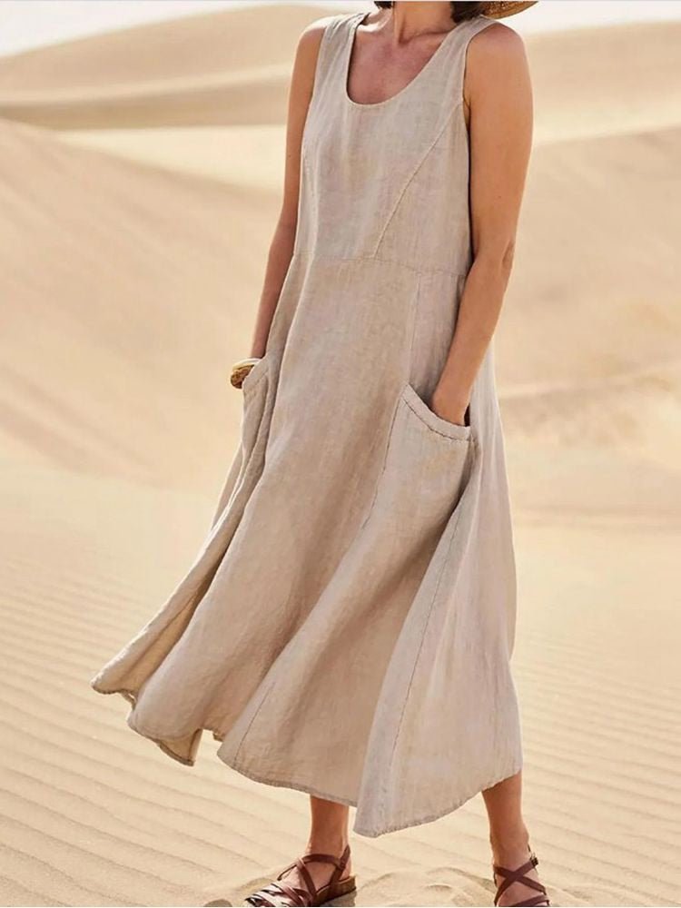 Linen Maxi Dress Sleeveless Scoop Neck Side Pockets - Khaki