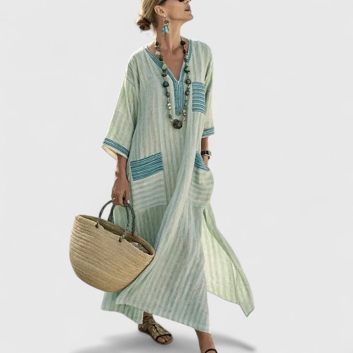 Linen Maxi Dress V-Neck Striped 3/4 Sleeve Pockets - Blackish Green