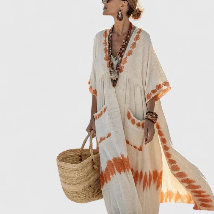 Linen Maxi Dress V-Neck Striped 3/4 Sleeve Pockets - Orange
