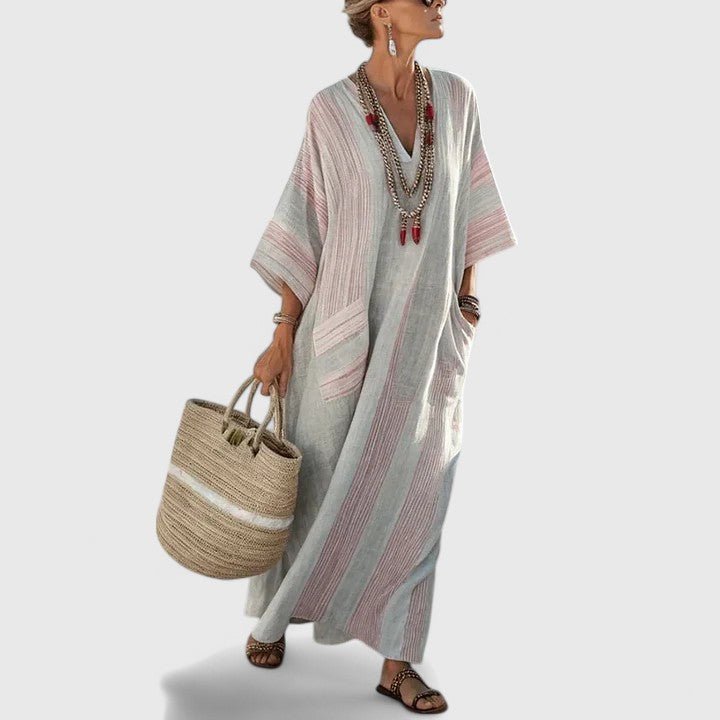 Linen Maxi Dress V-Neck Striped 3/4 Sleeve Pockets