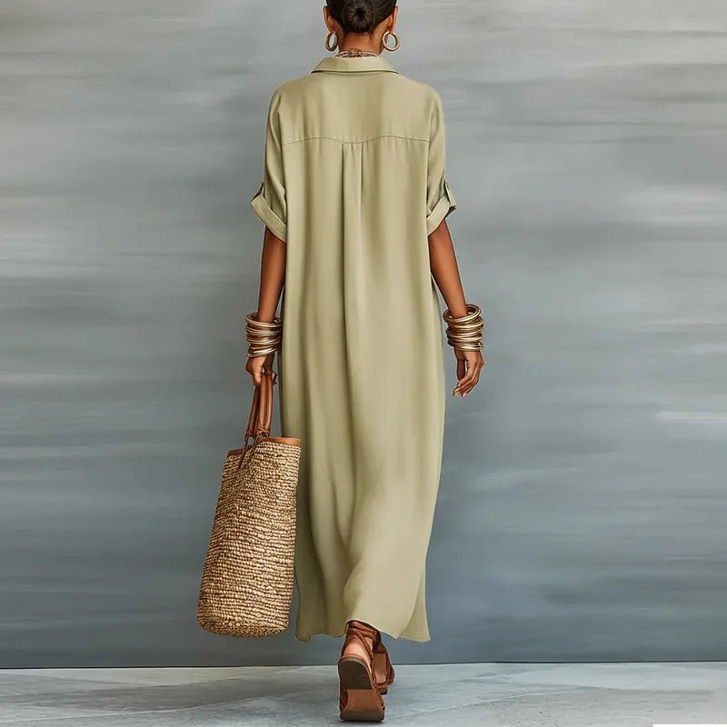 Linen Maxi Shirt Dress Button-Down Collar