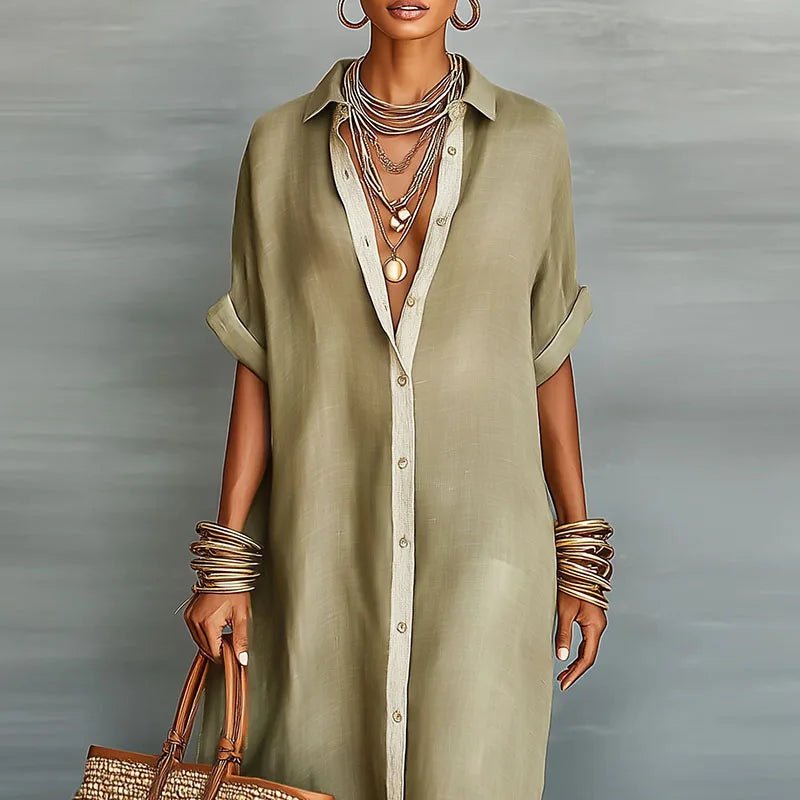 Linen Maxi Shirt Dress Button-Down Collar