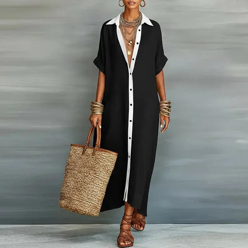 Linen Maxi Shirt Dress Button-Down Collar - Black