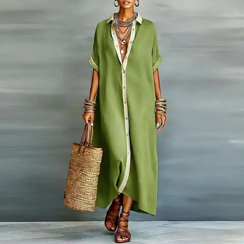 Linen Maxi Shirt Dress Button-Down Collar - Green
