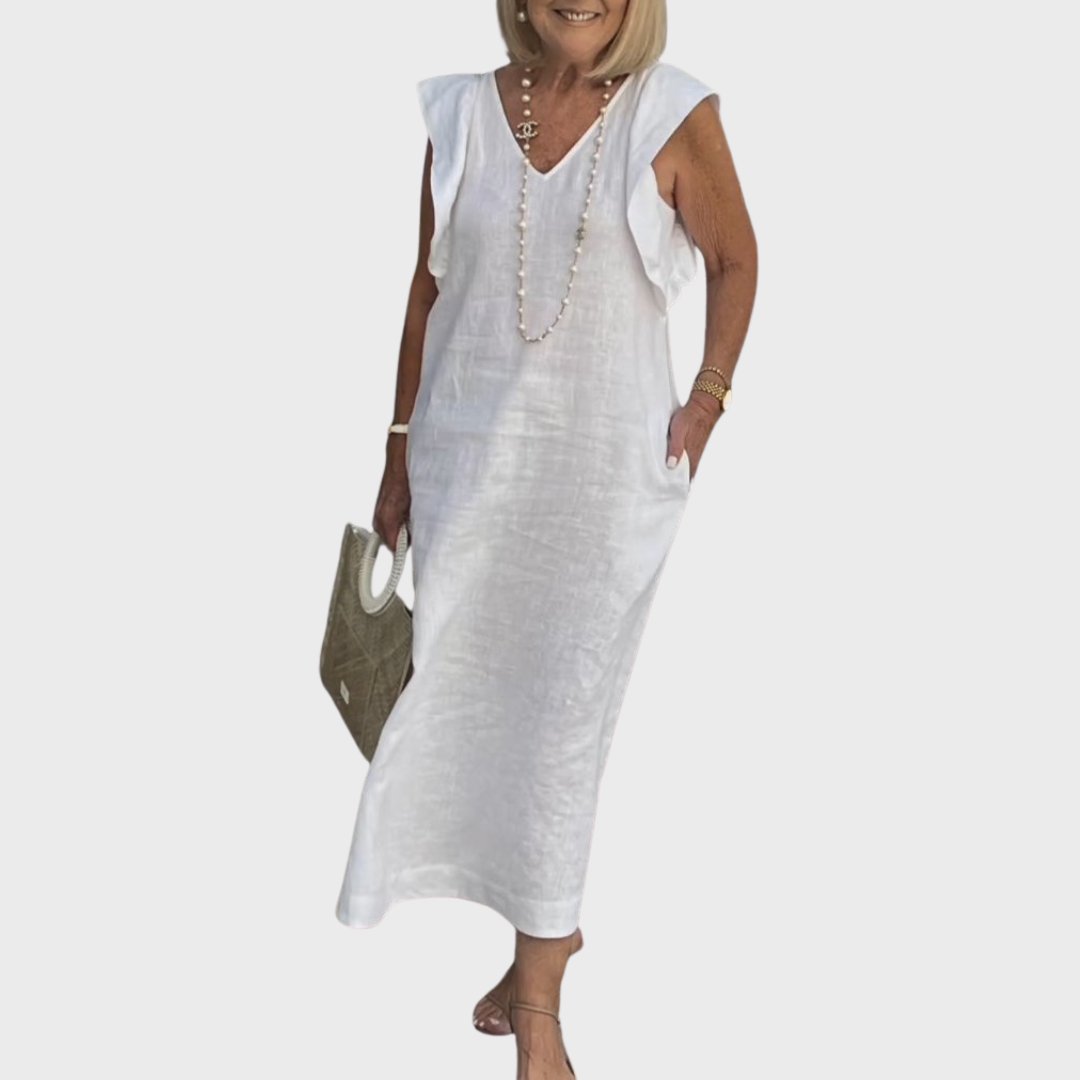 Linen Midi Dress V-Neck Ruffle Sleeves Back-Tie Detail - White