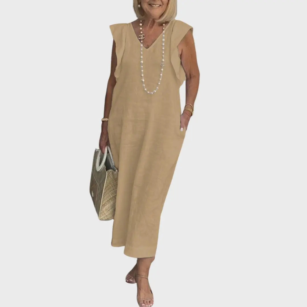 Linen Midi Dress V-Neck Ruffle Sleeves Back-Tie Detail - Khaki