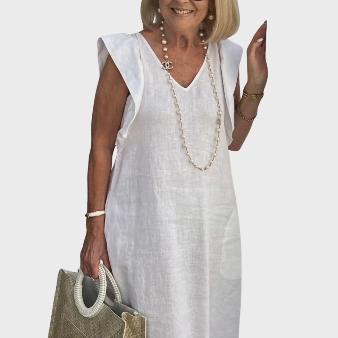 Linen Midi Dress V-Neck Ruffle Sleeves Back-Tie Detail